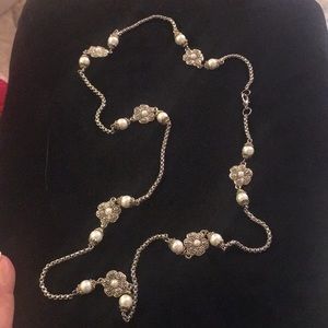 Silvertone and faux pearl flower station necklace